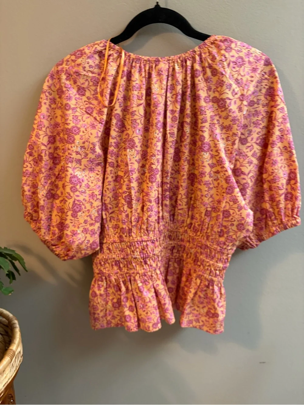 Old Navy Pink and Yellow Floral Puff-Sleeve Wrap Blouse